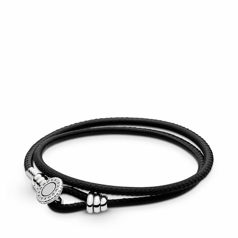 Pandora Australia Black Double Leather Bracelet - Sterling Silver | PLZAKD306